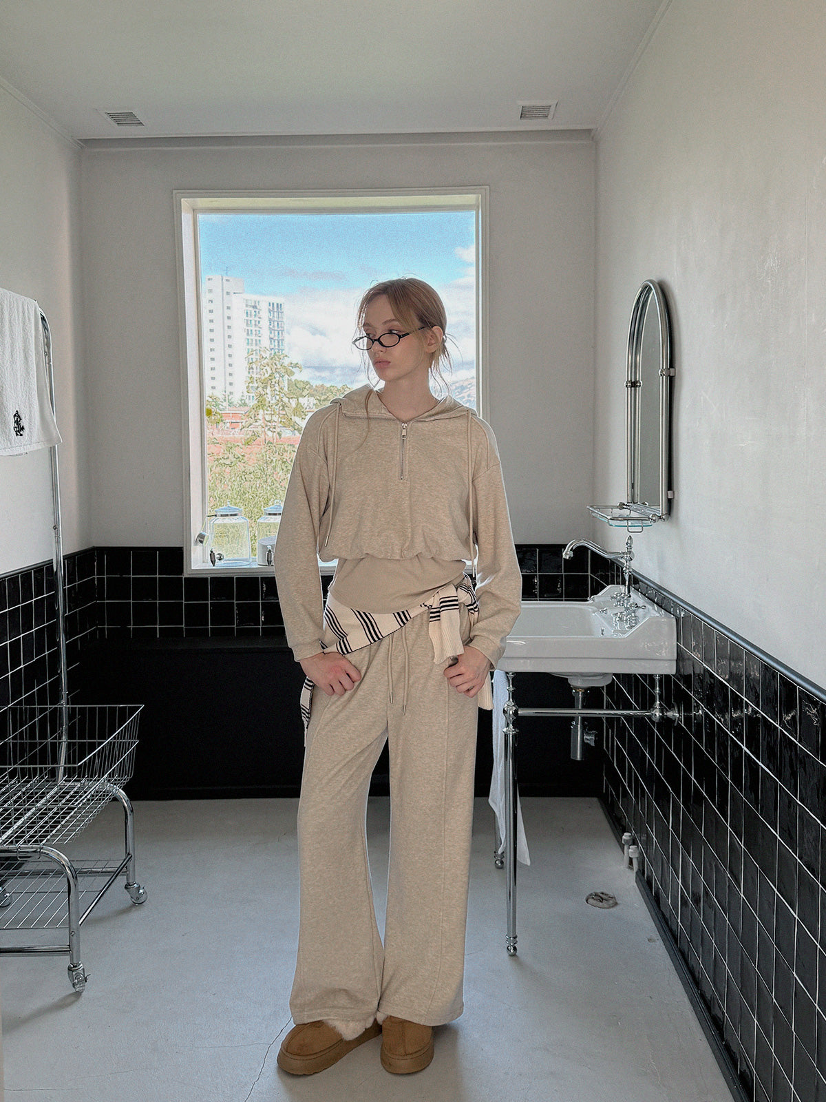 Layered Half-Zip Sweatshirt and Wide Long Pants