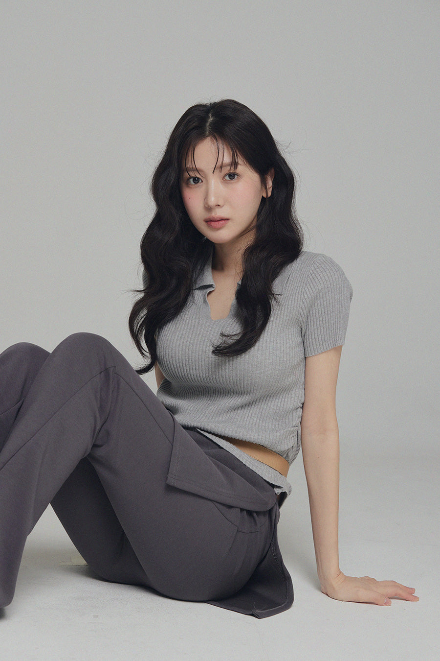 Floy Collar Shirring Crop Knit Grey