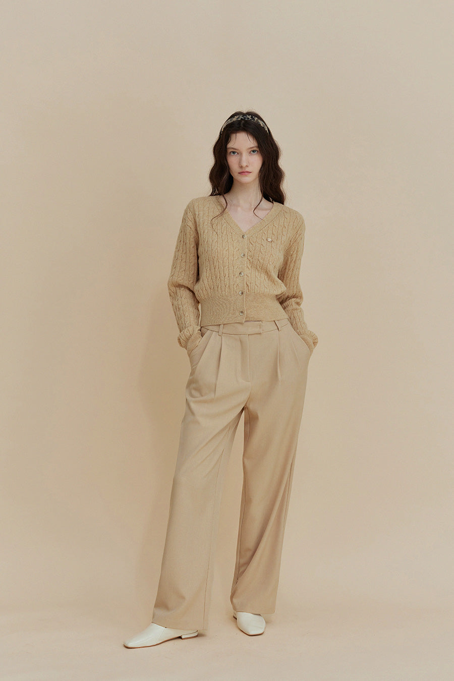 Beige Shamon Toppintuck Relaxed Fit Slacks