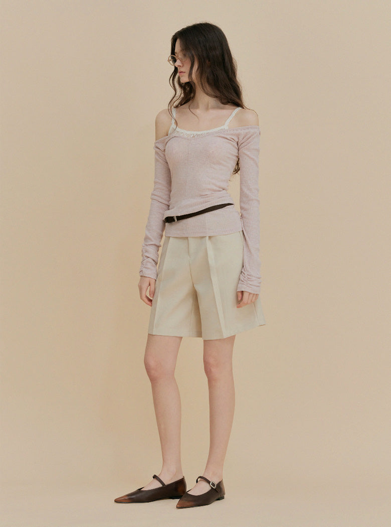 Beige Shade Pintuck Half Pants Relaxed Fit