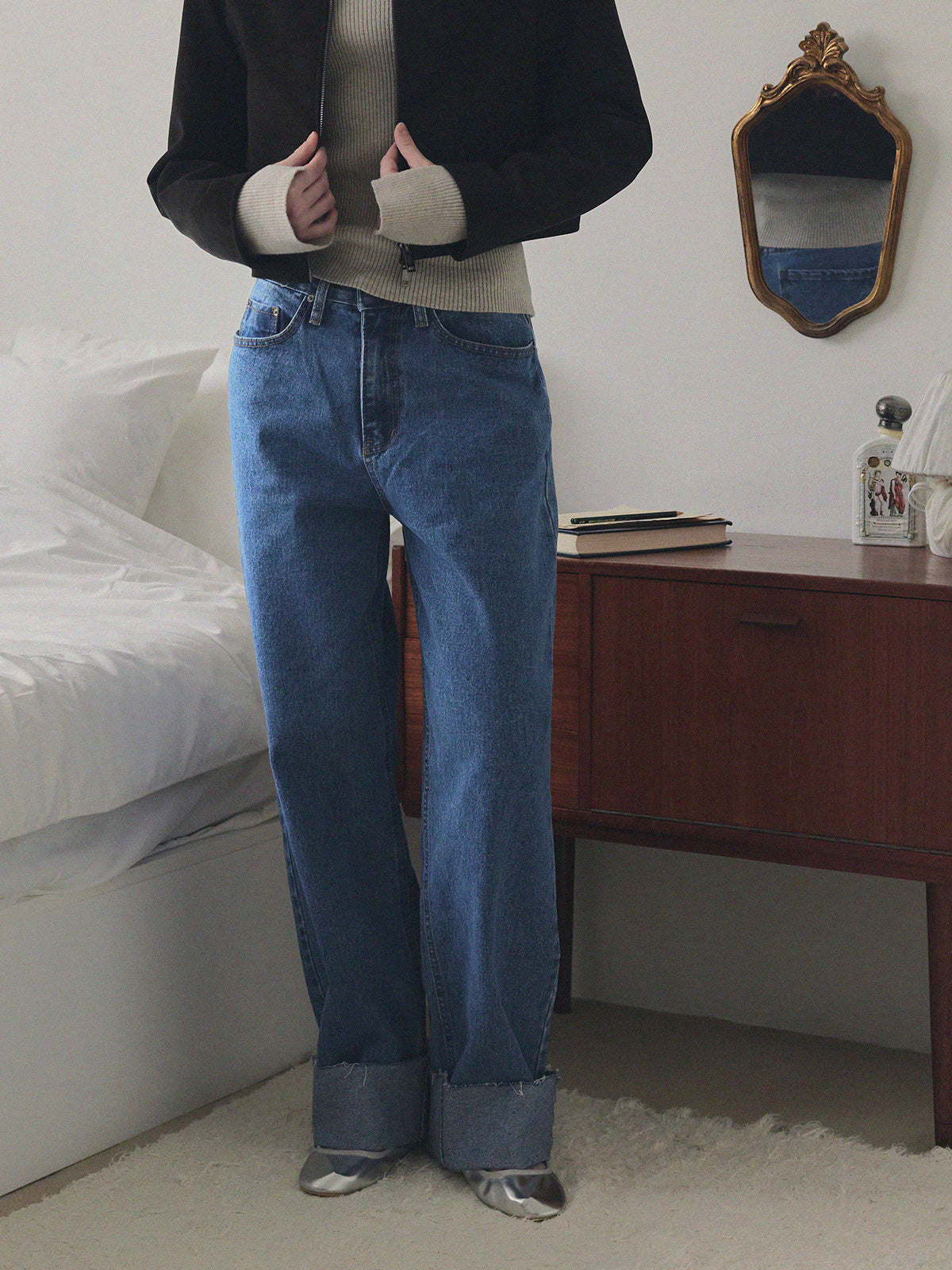 Puo Rolled-Up Wide Leg Denim Jeans