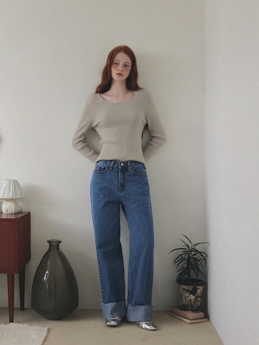 Puo Rolled-Up Wide Leg Denim Jeans