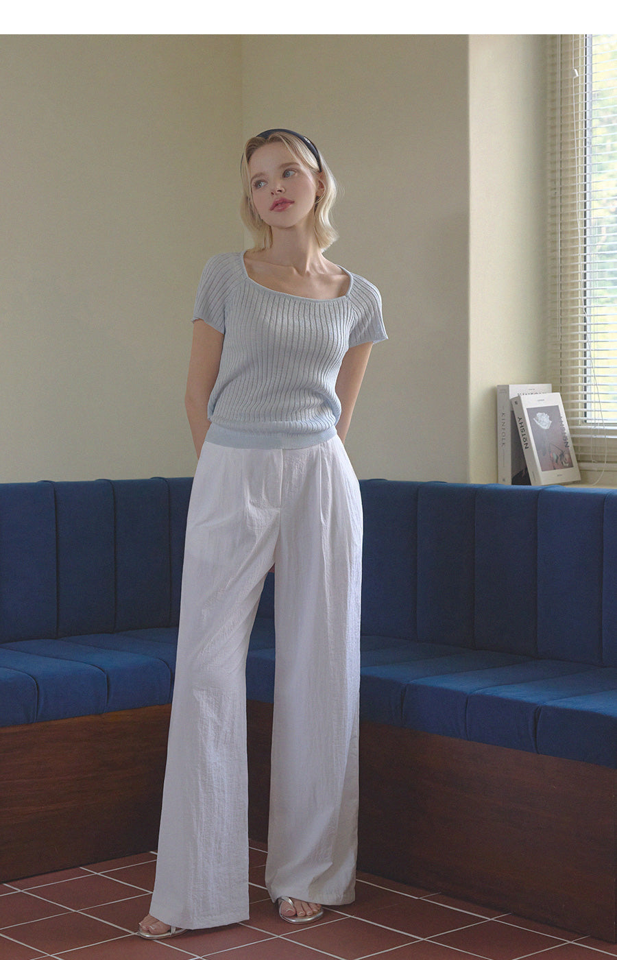 Square Neck Knit Top with Back Ribbon