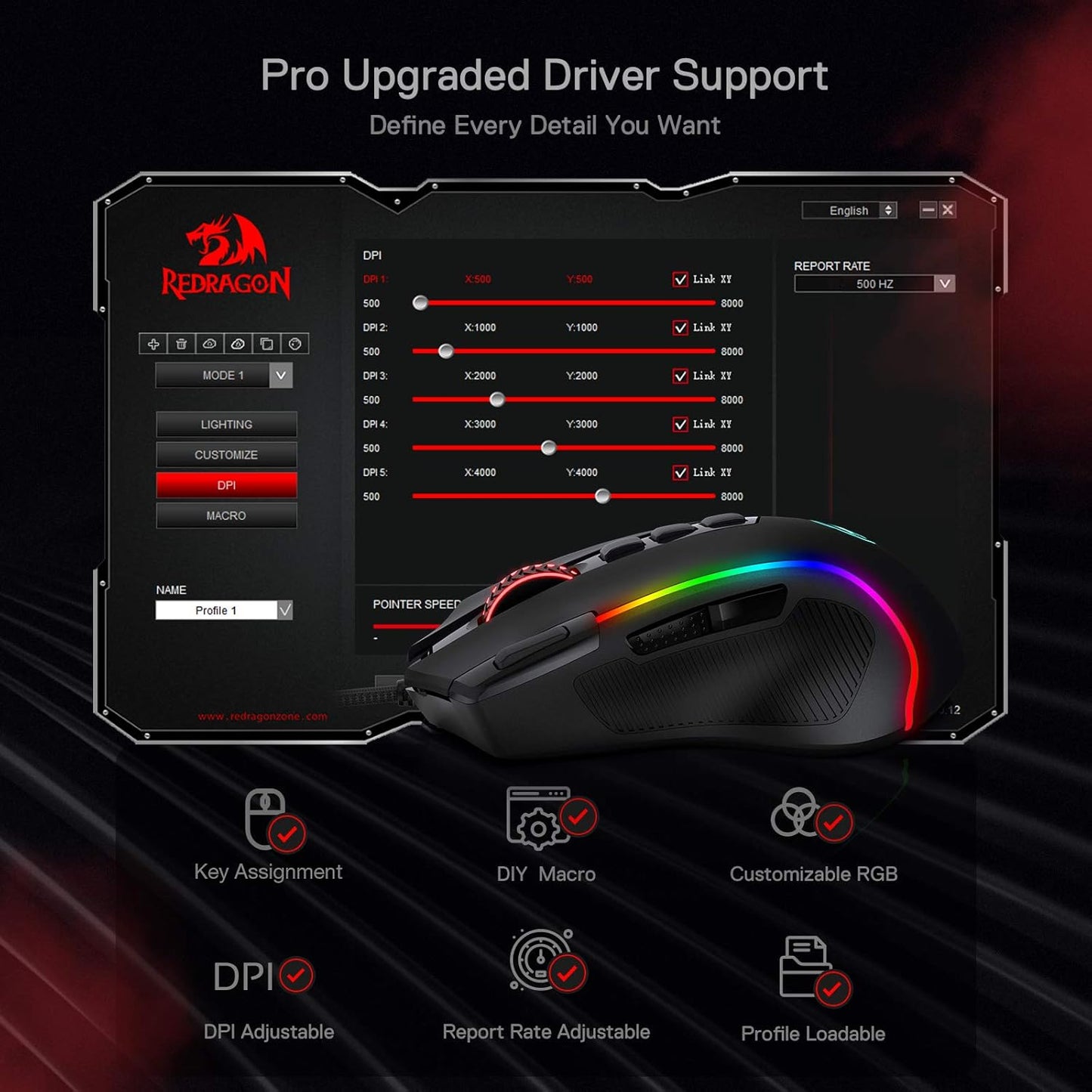 Redragon M612 Predator RGB Wired Gaming Mouse 8000 DPI, 11 Programmable Buttons, 5 Backlight Modes