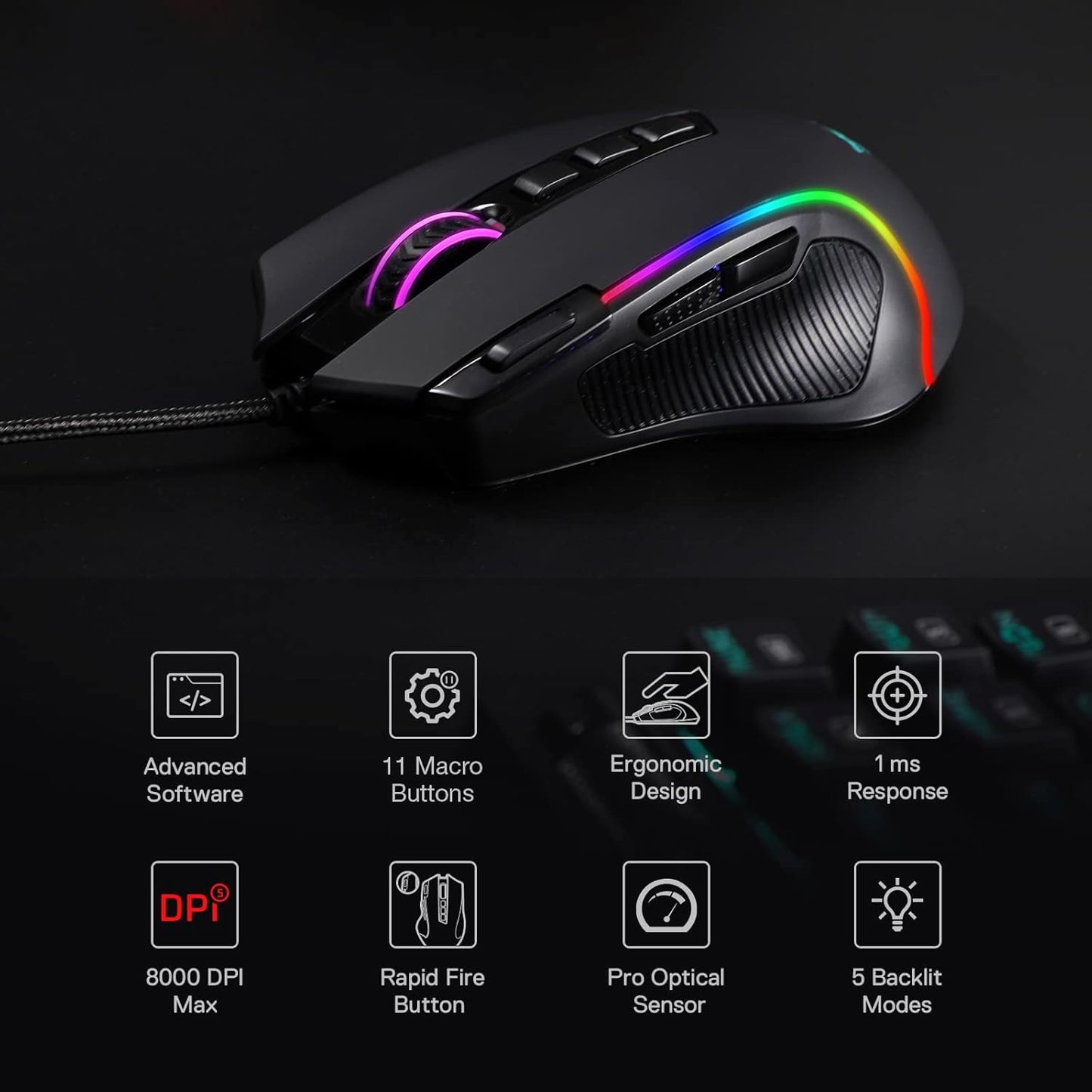 Redragon M612 Predator RGB Wired Gaming Mouse 8000 DPI, 11 Programmable Buttons, 5 Backlight Modes
