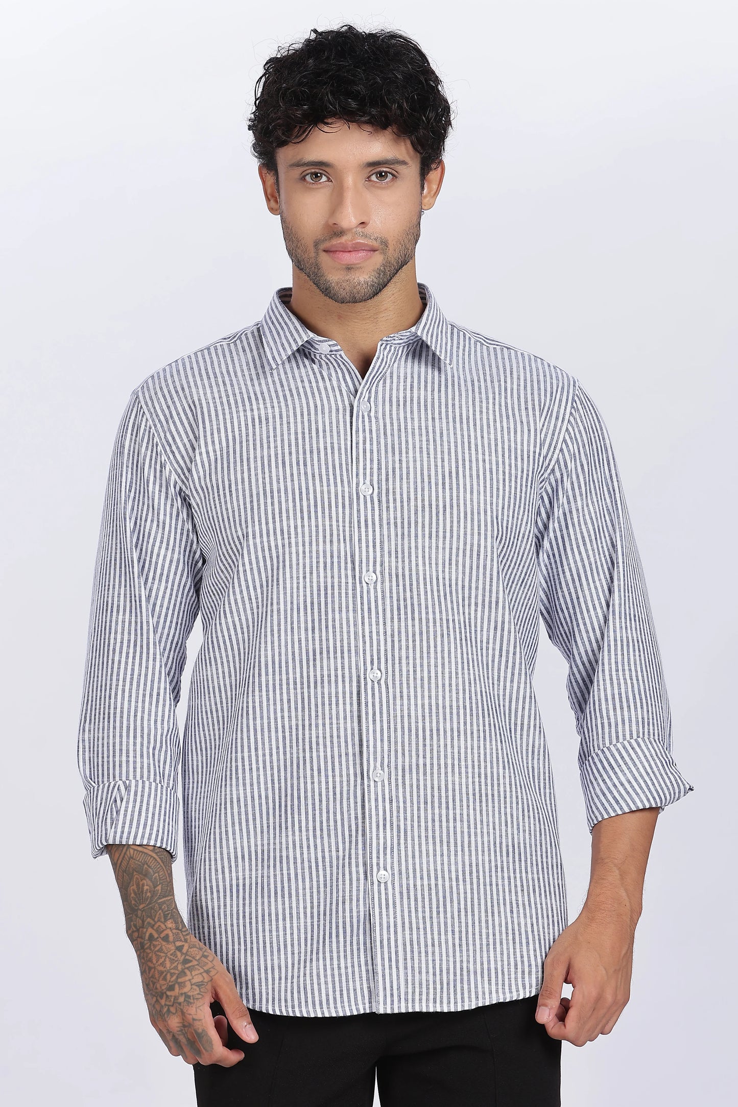 Dark Blue Striped Linen Shirt 100% Premium Linen, Minimal Style