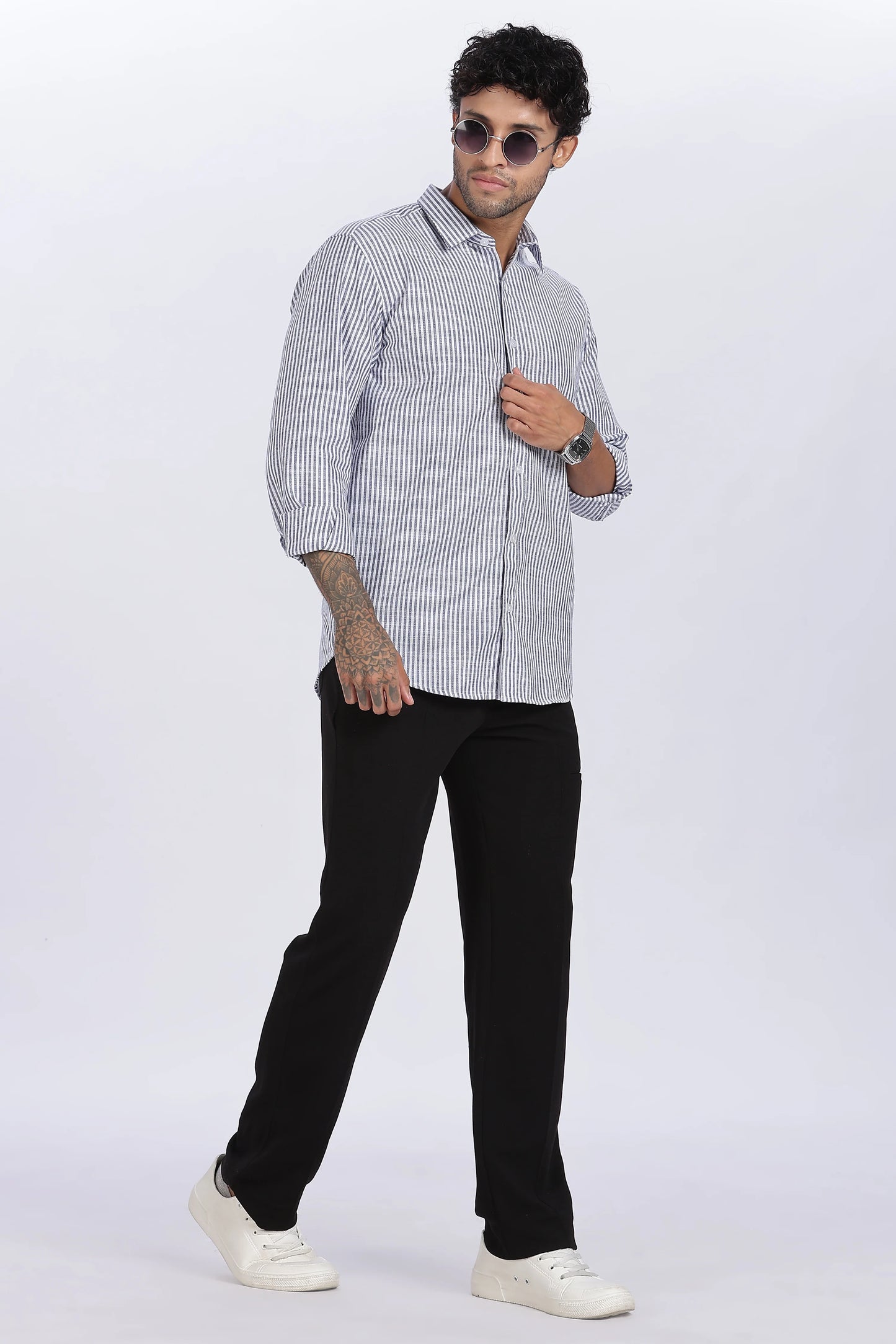 Dark Blue Striped Linen Shirt 100% Premium Linen, Minimal Style