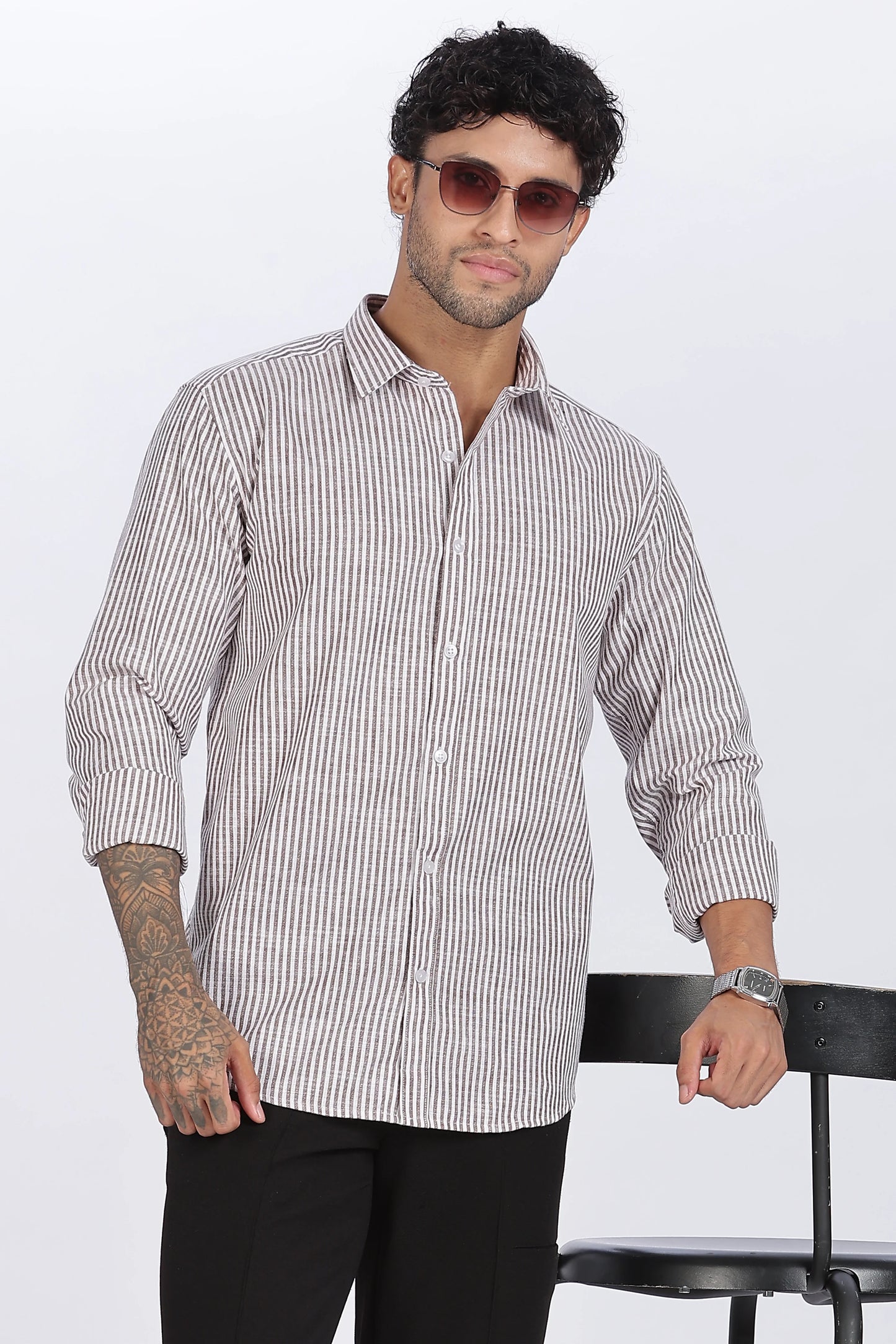 Brown Striped Linen Shirt 100% Linen, Minimal & Timeless Style