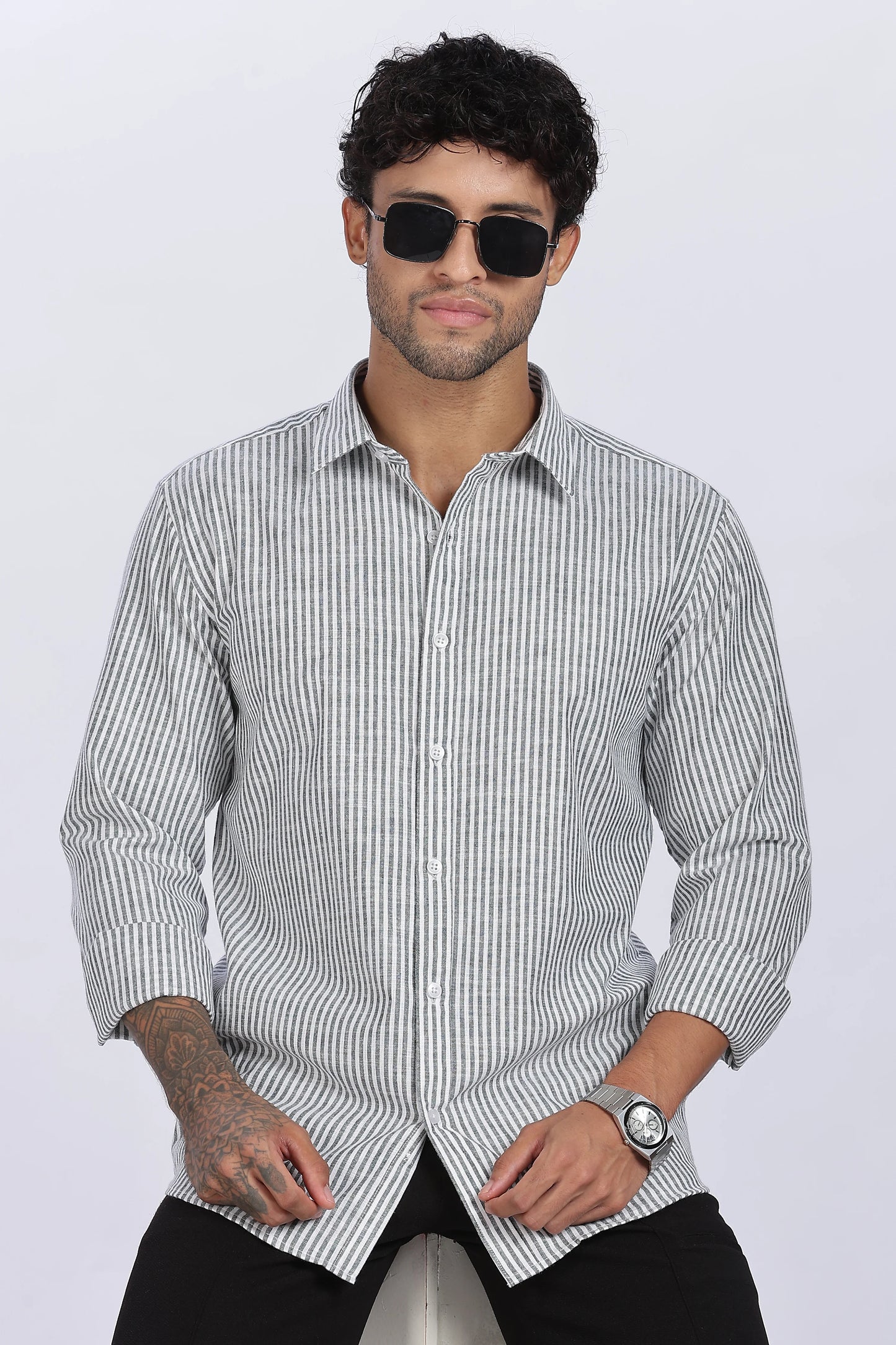 Light Green Striped Linen Shirt 100% Premium Linen, Minimal Style