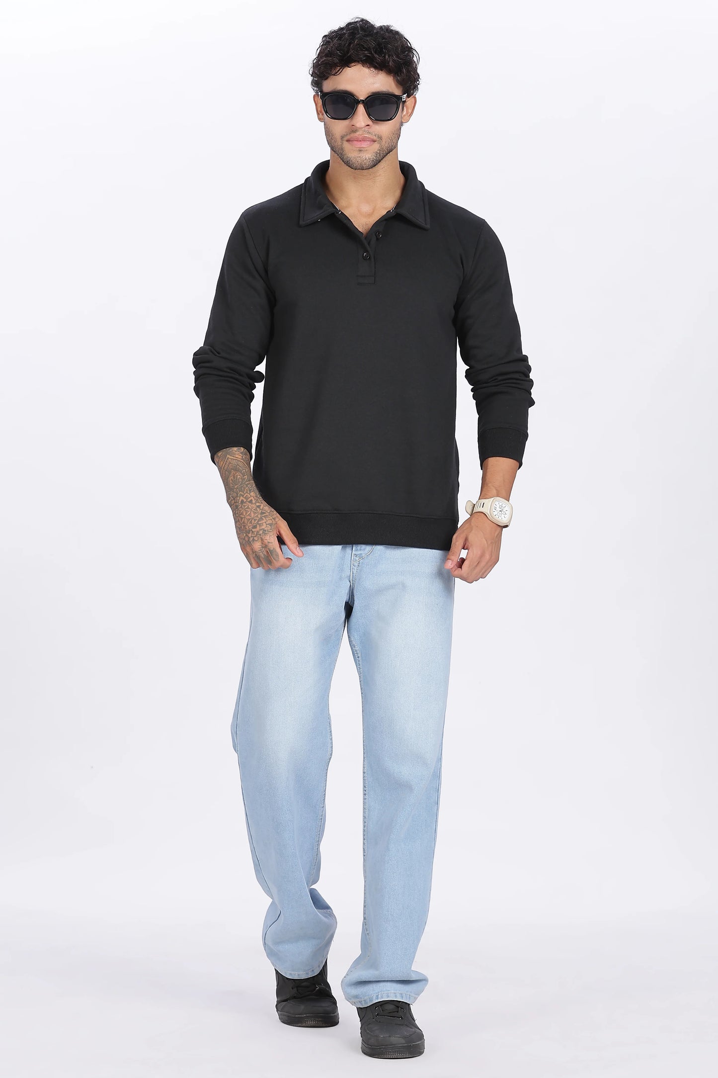 Black Button-Up Sweatshirt Minimal & Comfortable Essential