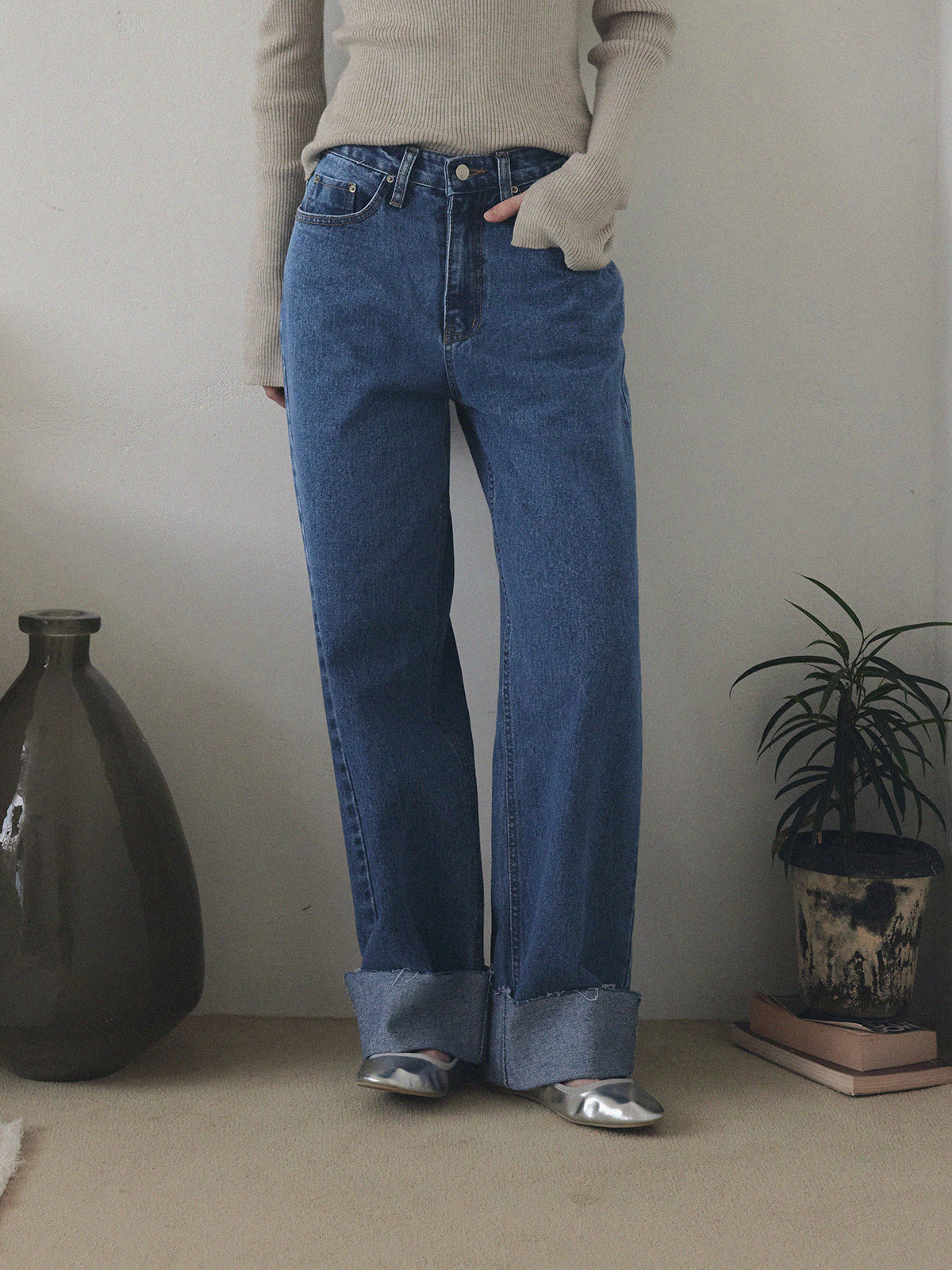 Puo Rolled-Up Wide Leg Denim Jeans