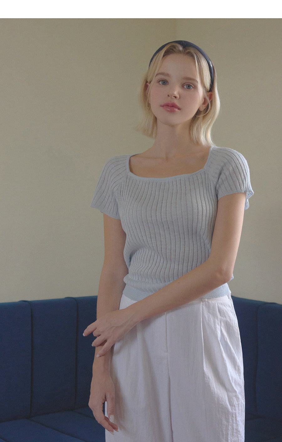 Square Neck Knit Top with Back Ribbon
