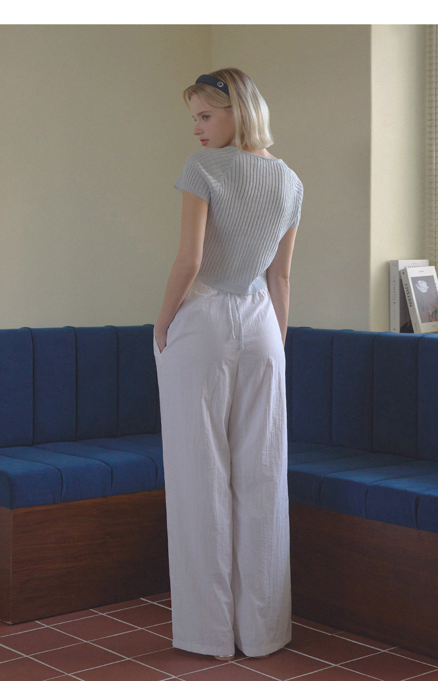 Square Neck Knit Top with Back Ribbon