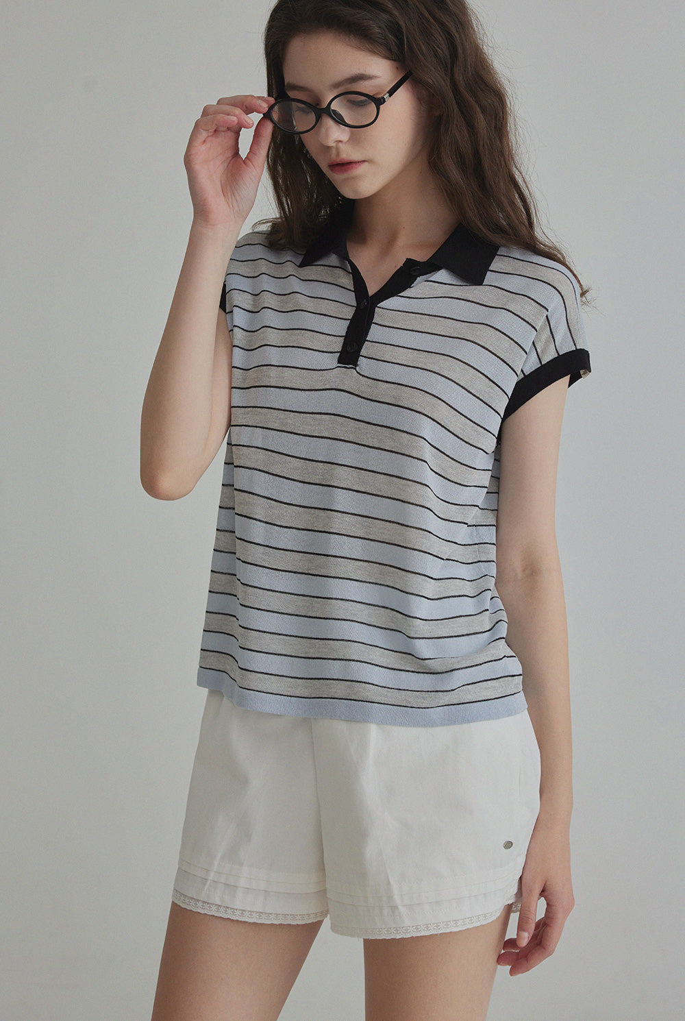 Merdin Casual Striped Collar Short Sleeve Knit