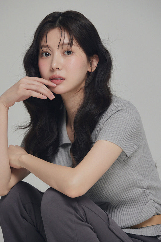 Floy Collar Shirring Crop Knit Grey