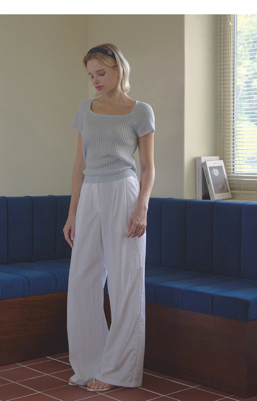 Square Neck Knit Top with Back Ribbon