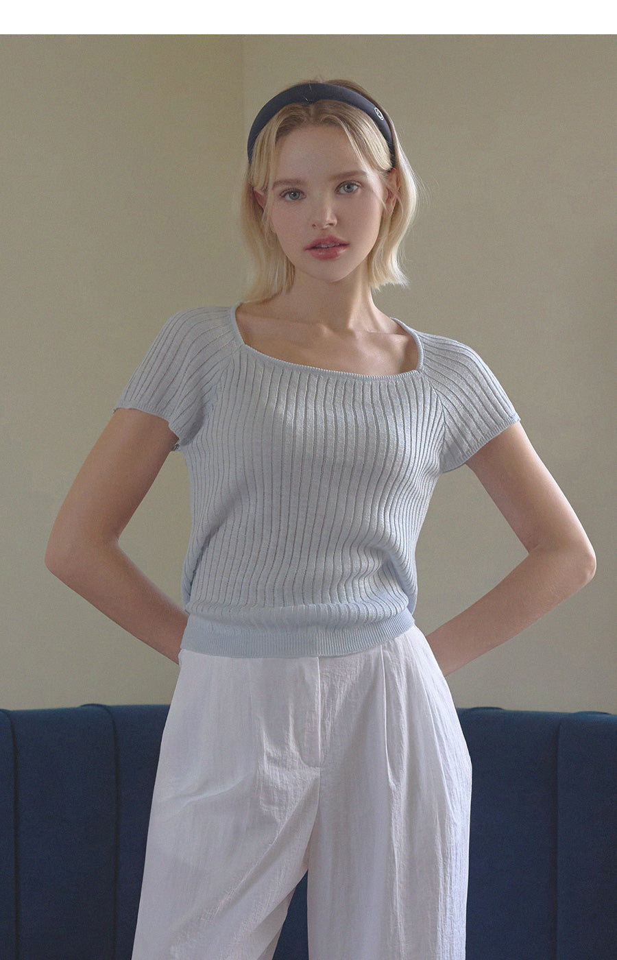 Square Neck Knit Top with Back Ribbon