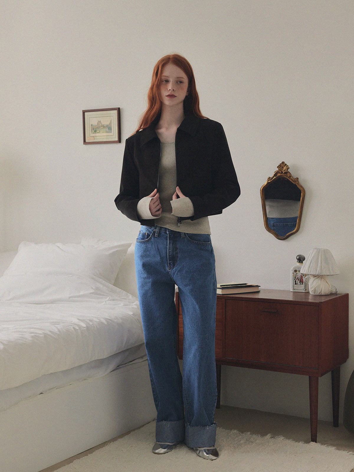 Puo Rolled-Up Wide Leg Denim Jeans