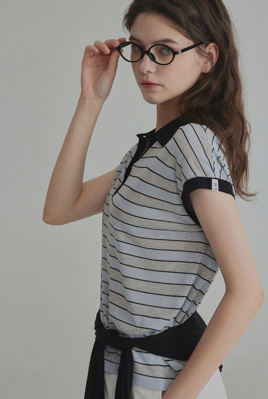 Merdin Casual Striped Collar Short Sleeve Knit