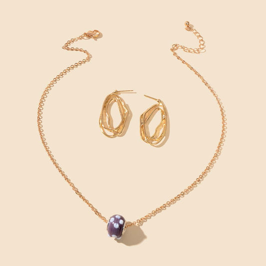 Purple Pendant Necklace and Gold Earrings Set - Elegant Jewelry Ensemble Gift-0