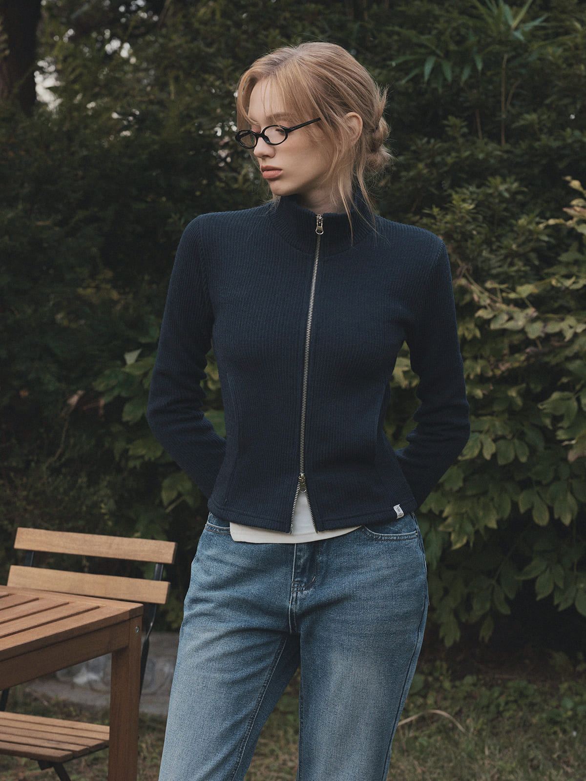 Rust Ribbed Long-Sleeve Zip-Up