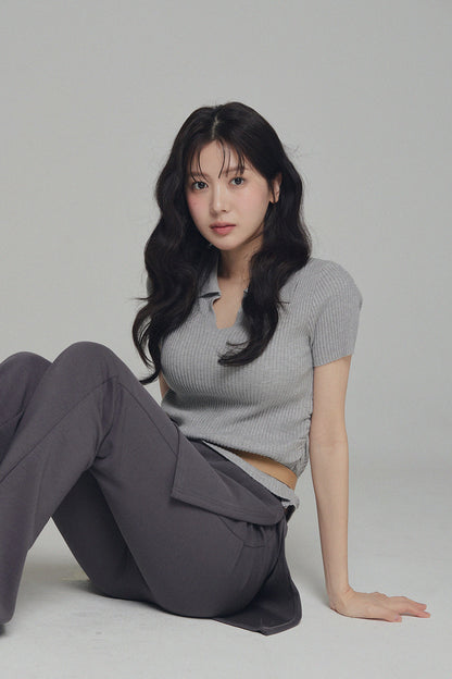 Floy Collar Shirring Crop Knit Grey