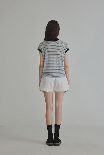 Merdin Casual Striped Collar Short Sleeve Knit