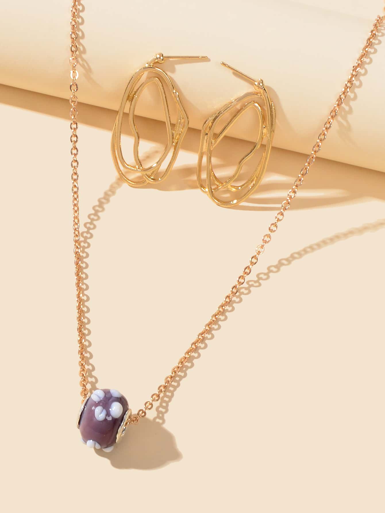 Purple Pendant Necklace and Gold Earrings Set - Elegant Jewelry Ensemble Gift-2