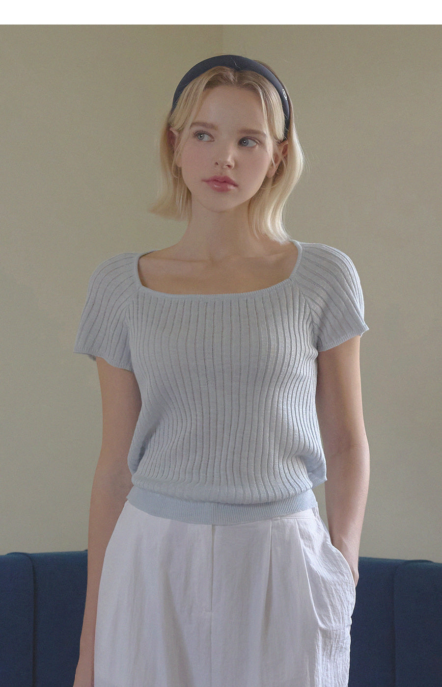 Square Neck Knit Top with Back Ribbon