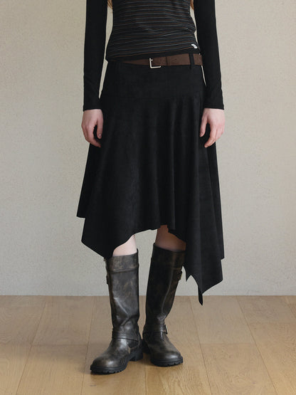 Aden Asymmetrical Suede Midi Skirt (with Belt Set)