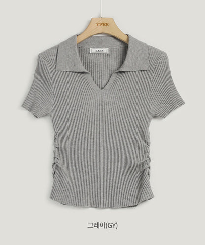 [TWEE] Floy Collar Shirring Crop Knit-7