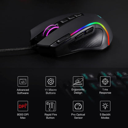 Redragon M612 Predator RGB Wired Gaming Mouse 8000 DPI, 11 Programmable Buttons, 5 Backlight Modes