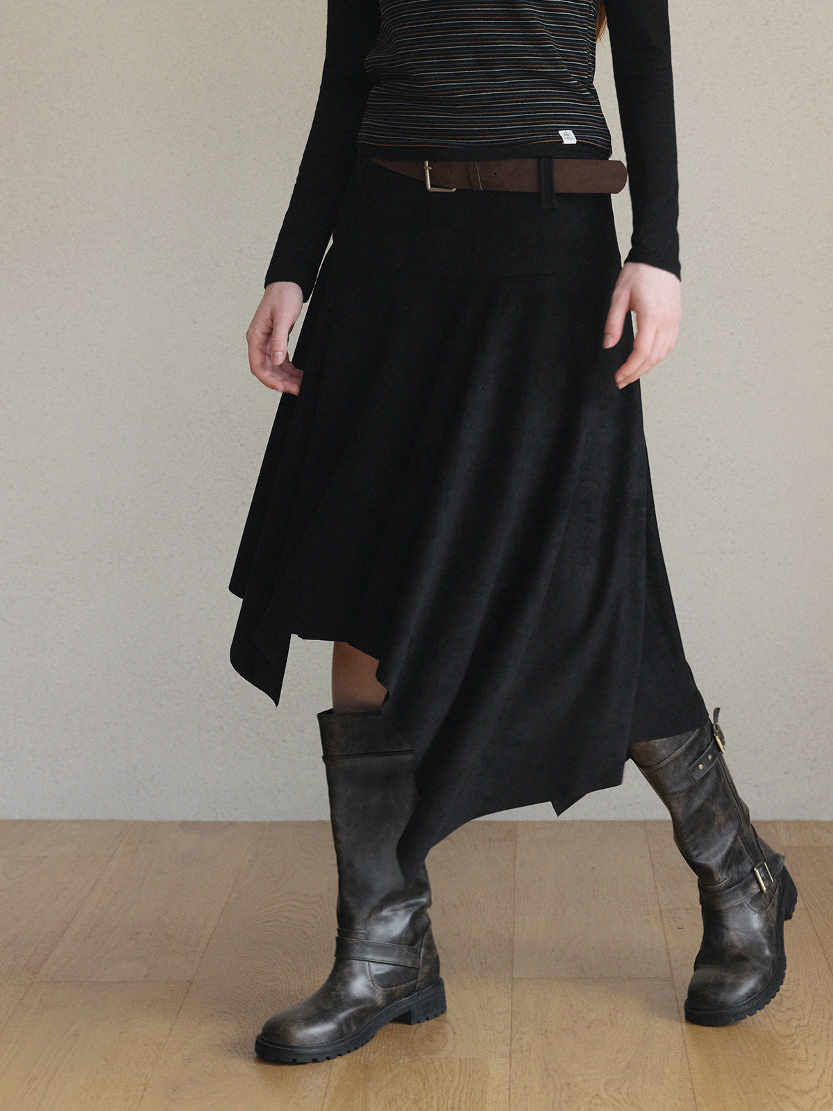 Aden Asymmetrical Suede Midi Skirt (with Belt Set)