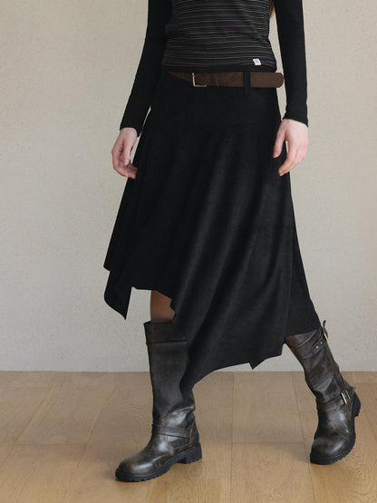 Aden Asymmetrical Suede Midi Skirt (with Belt Set)
