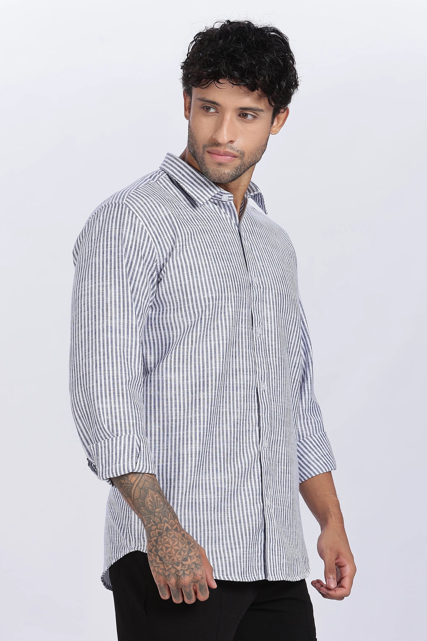 Dark Blue Striped Linen Shirt 100% Premium Linen, Minimal Style