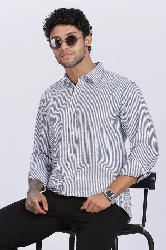 Dark Blue Striped Linen Shirt 100% Premium Linen, Minimal Style