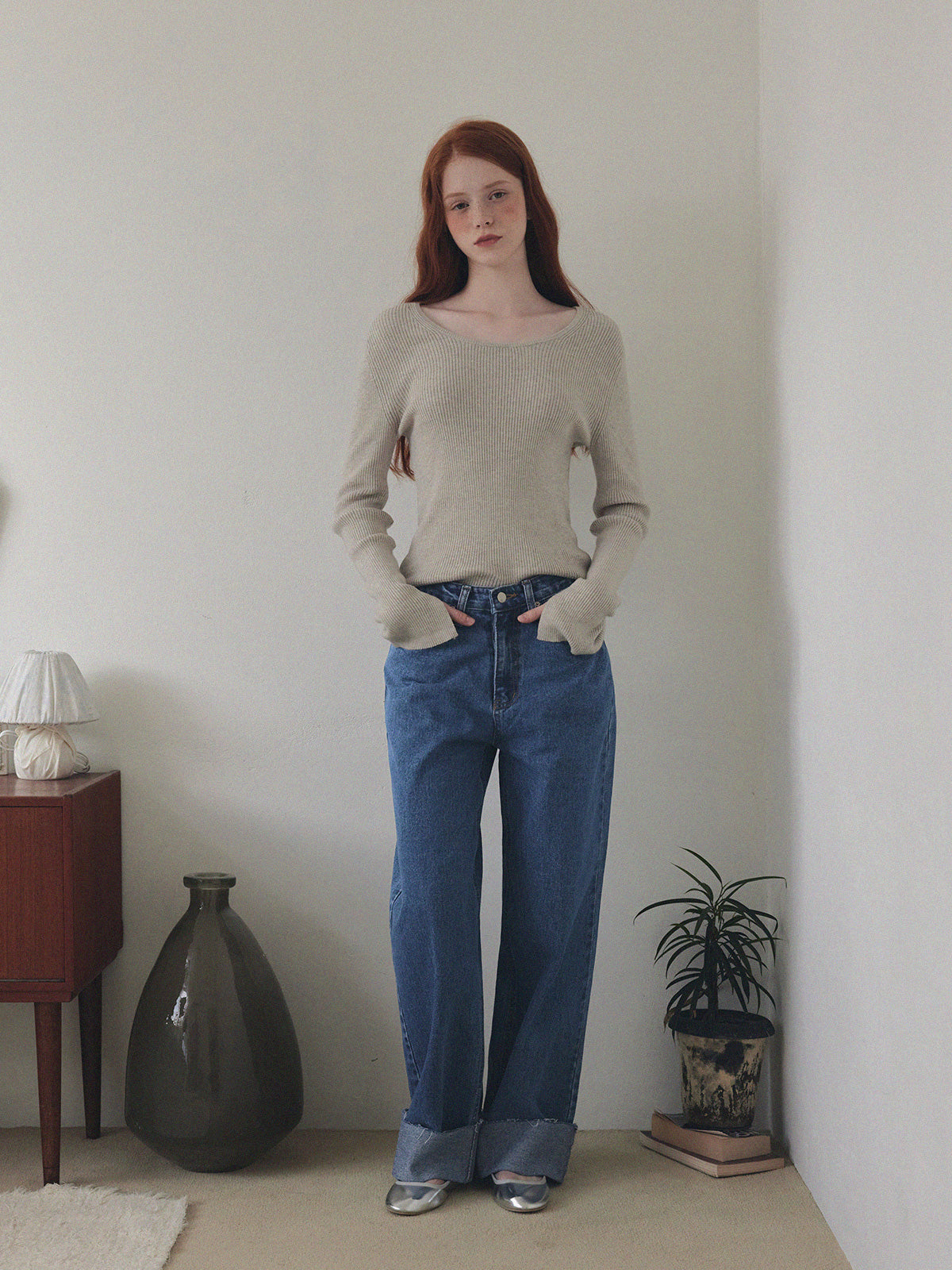 Puo Rolled-Up Wide Leg Denim Jeans