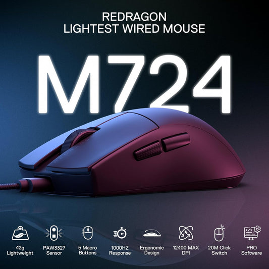 Redragon M724 Wired Ultra-Light Gaming Mouse – 42g, 12400 DPI, 5 Programmable Buttons