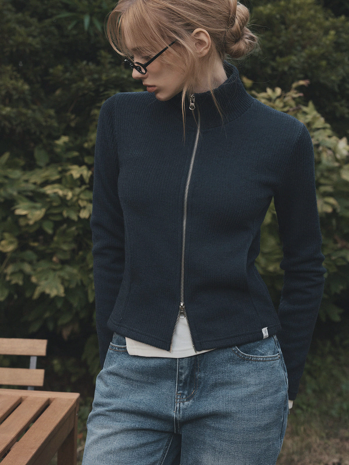 Rust Ribbed Long-Sleeve Zip-Up