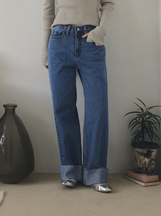 Puo Rolled-Up Wide Leg Denim Jeans