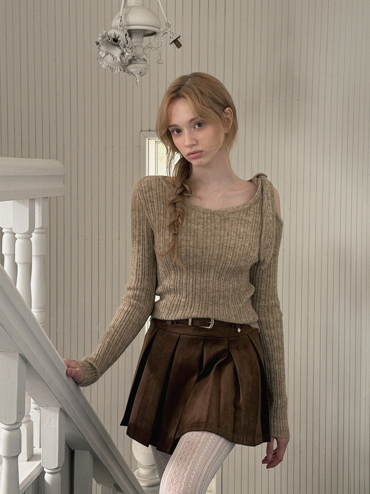 Bohe Shoulder Cut-Out Strap Knit Top