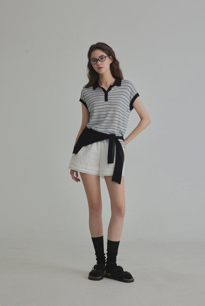 Merdin Casual Striped Collar Short Sleeve Knit