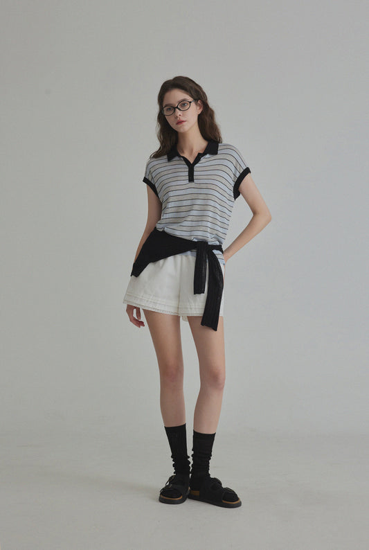 Merdin Casual Striped Collar Short Sleeve Knit