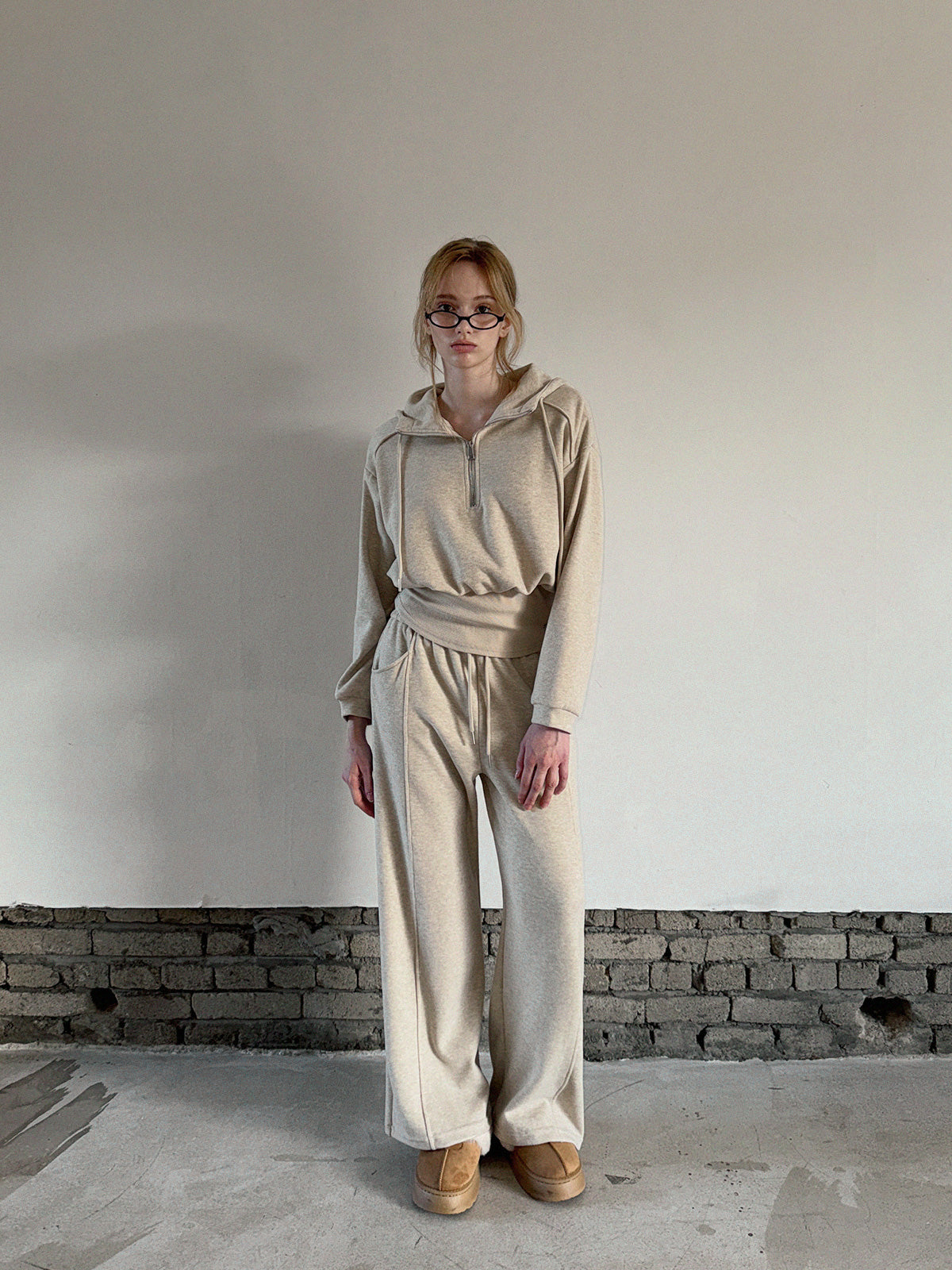 Layered Half-Zip Sweatshirt and Wide Long Pants