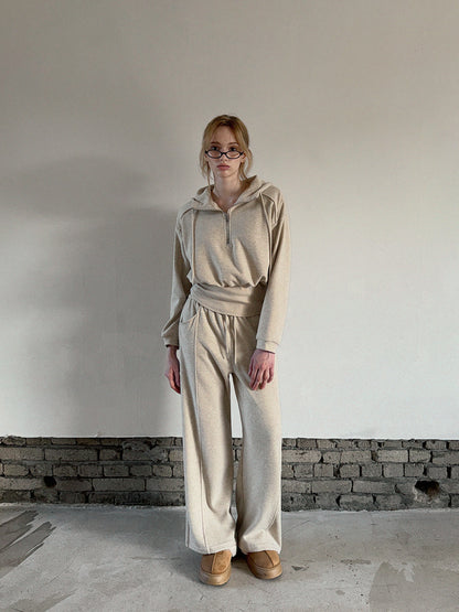 Layered Half-Zip Sweatshirt and Wide Long Pants