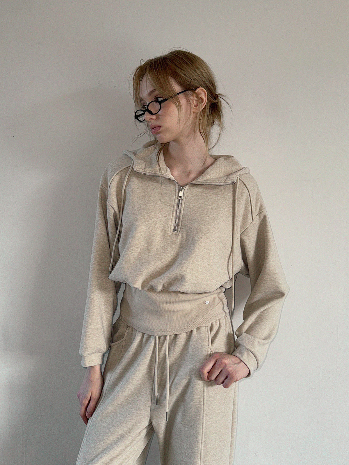 Layered Half-Zip Sweatshirt and Wide Long Pants