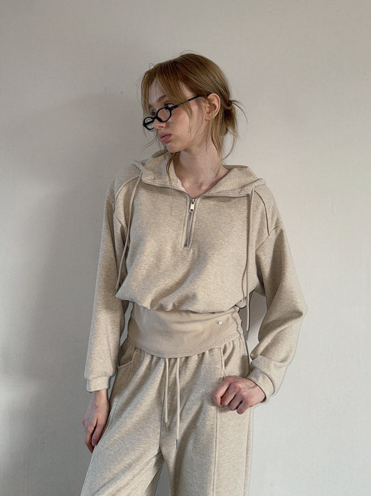 Layered Half-Zip Sweatshirt and Wide Long Pants