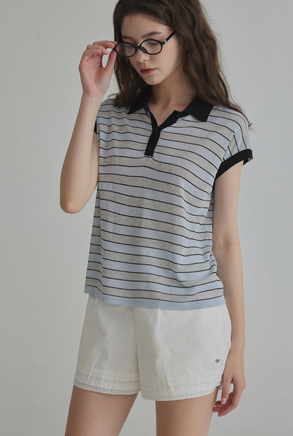 Merdin Casual Striped Collar Short Sleeve Knit