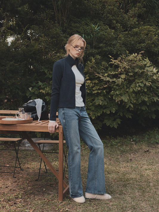 Rust Ribbed Long-Sleeve Zip-Up