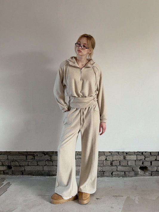 Layered Half-Zip Sweatshirt and Wide Long Pants